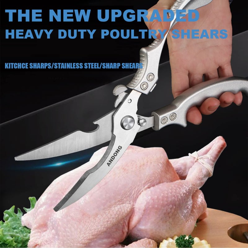 ANDONG Heavy Duty Professional Poultry Shears -Stainless Steel Kitchen & Meat Scissors with Leather Sheath  Dishwasher Safe Spring Loaded Utility Shears for Cooking  Butchering  Cutting - Image 2